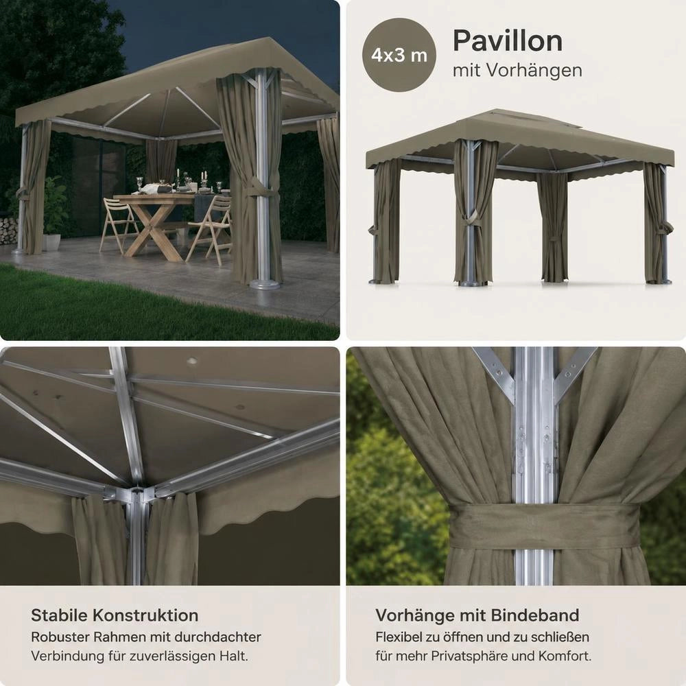 Pavilion With Curtains & LED String Lights 4x3 M Taupe