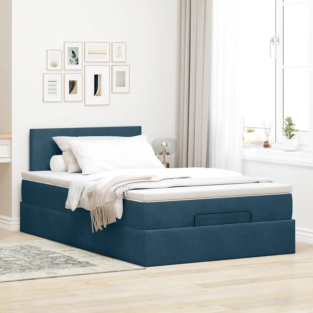 Pouf Letto con Materasso e LED Blu Scuro 120x190cm in Velluto