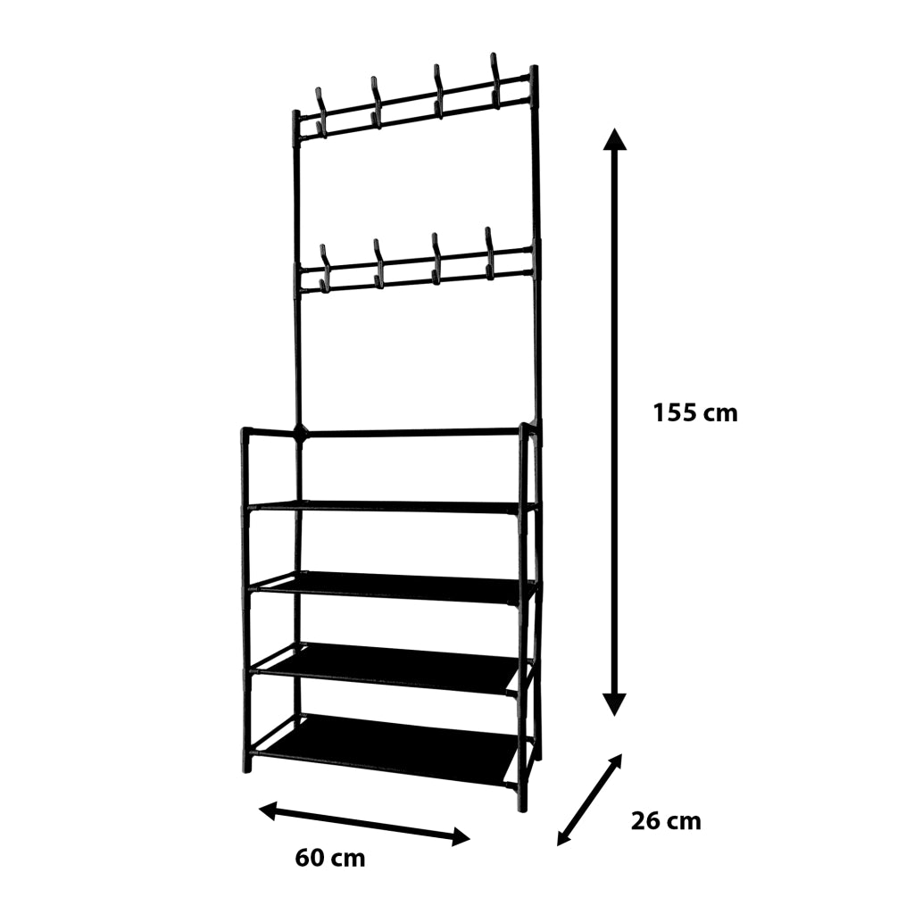 Nyana Home appendiabiti da ingresso in metallo 155x60x28, 4 ripiani, 8 grucce Nero