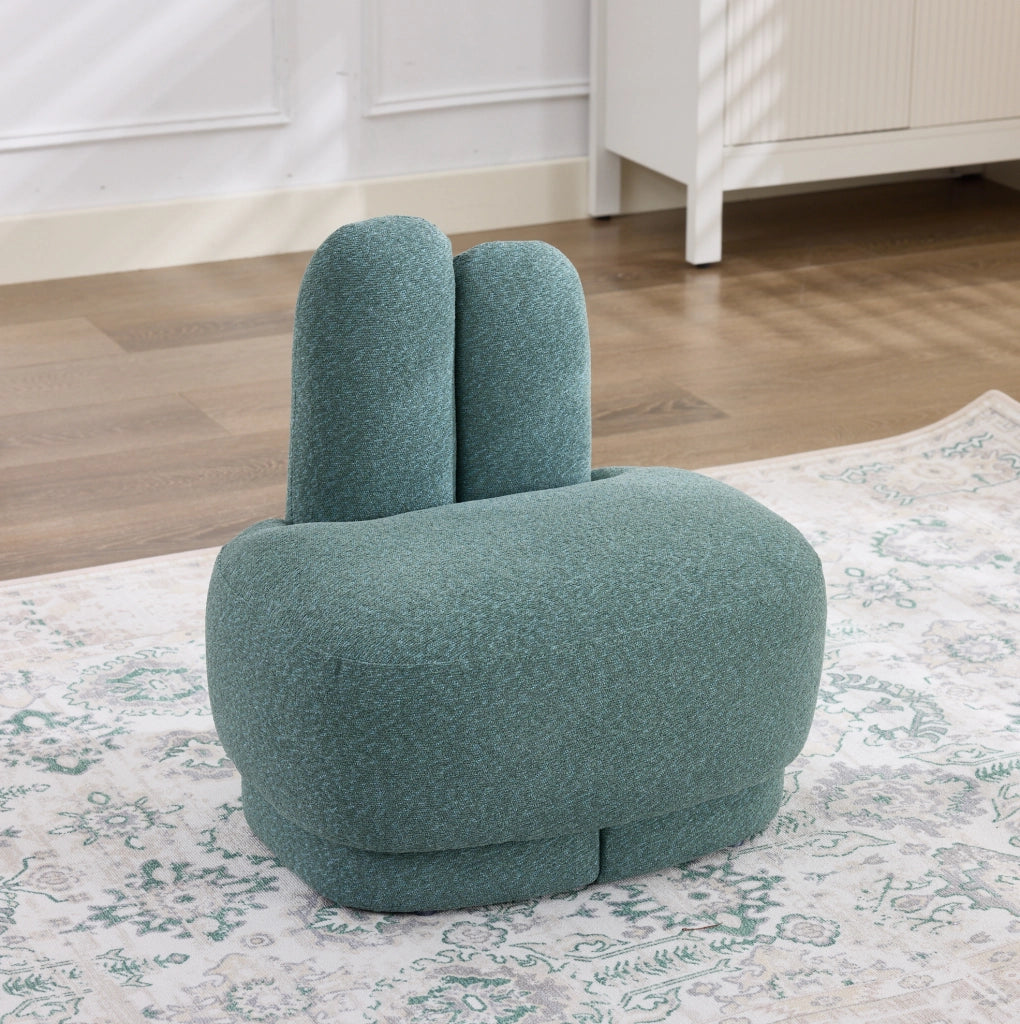 Pouf con forma di coniglio; poggiapiedi e seduta aggiuntiva in tessuto; schiuma; compensato e legno verde