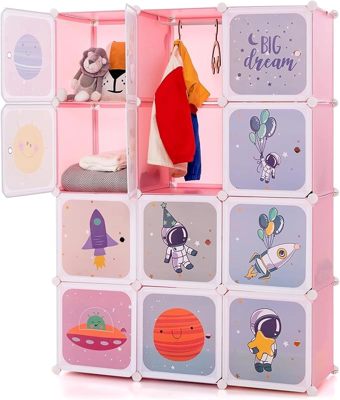 Portatile Guardaroba per Bambini, Armadio Guardaroba Modulare per Bambini con 2 Barre Appendiabiti, per Cameretta Camera da Letto, 107 x 36 x 142 cm (Rosa)