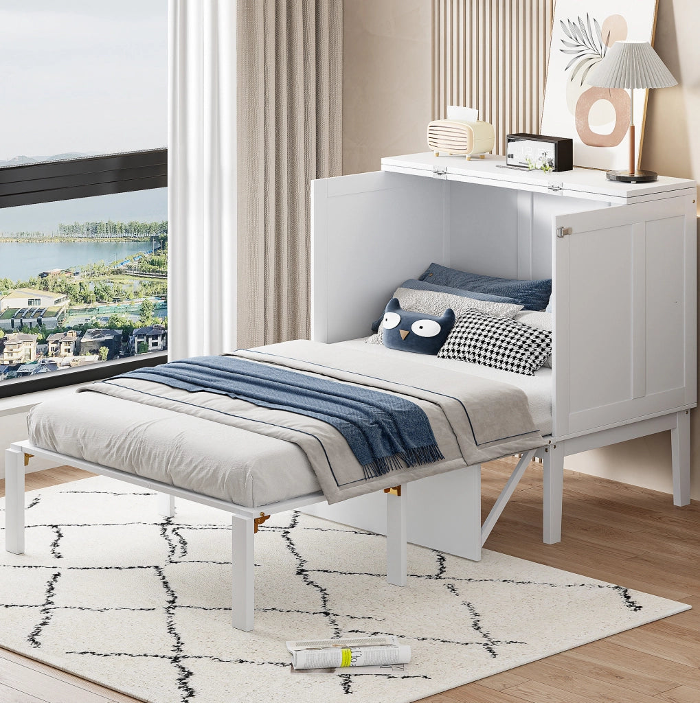 Letto a scomparsa verticale 90x200 cm bianco; design salvaspazio in legno