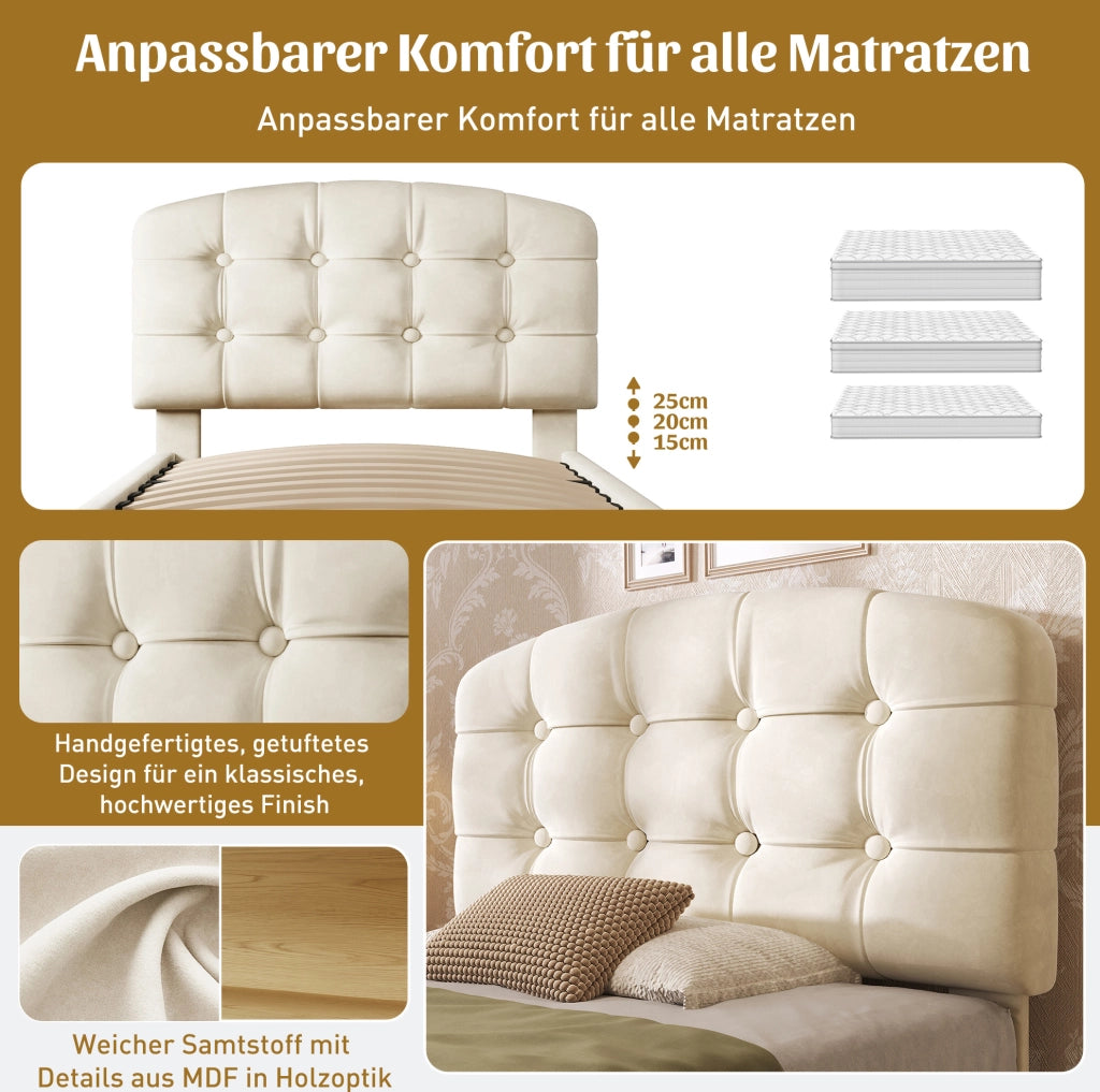 Letto singolo imbottito 90x200 cm beige con cassetti