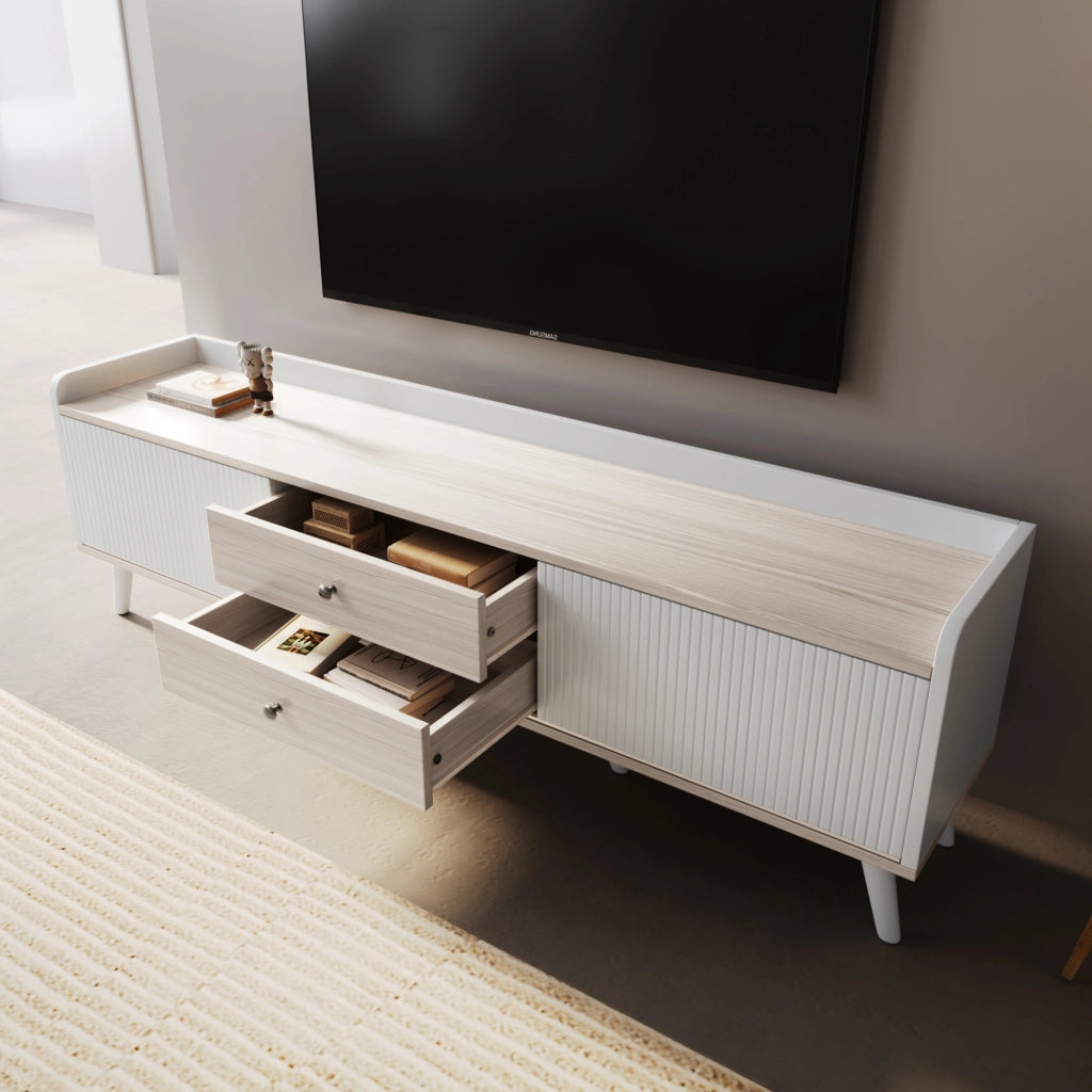 Mobile TV con 2 Ante Scorrevoli e 2 Cassetti; Stile Moderno; Soggiorno; in Pannello di Particelle; 160??40??58 cm; Bianco