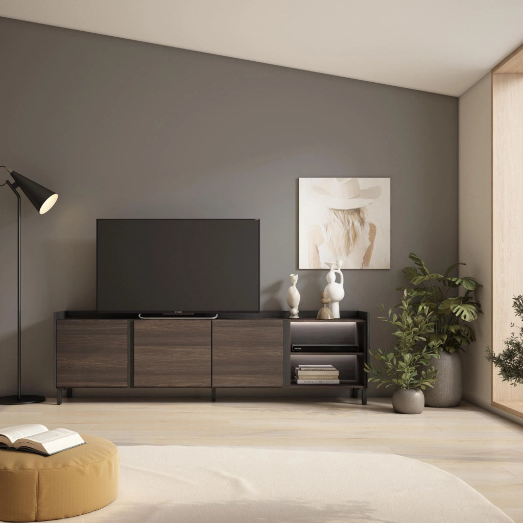 Mobile TV Soggiorno, 207x61x35 cm, Per TV fino a 80", Design industriale, LED, Rovere scuro e Nero