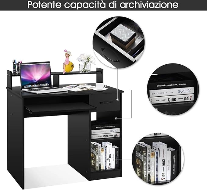 Scrivania da Studio con Cassetti, Tavolo Porta PC per Computer Moderno, con Ripiani, Legno (Nero)