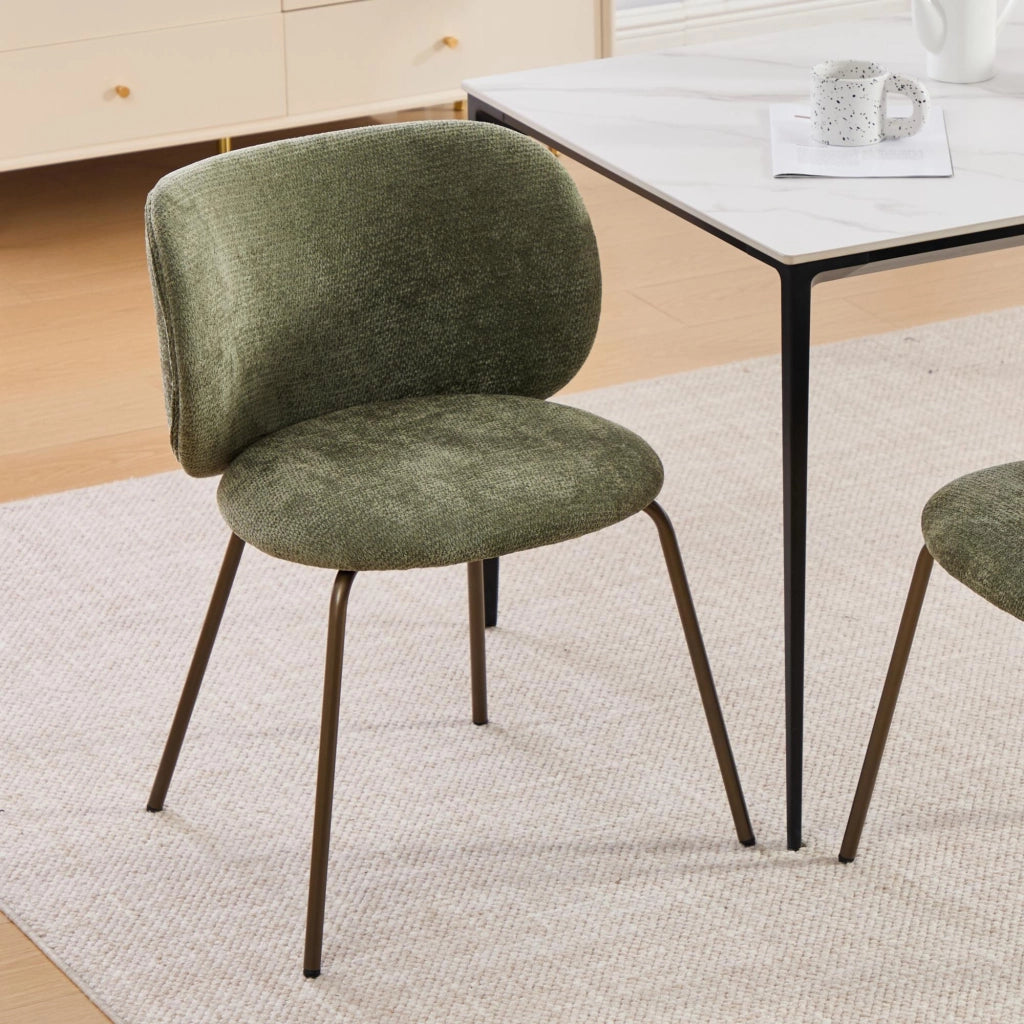 Sedia da pranzo Chenille moderna - Zephmum- Schienale curvo imbottito, gambe in bronzo, verde