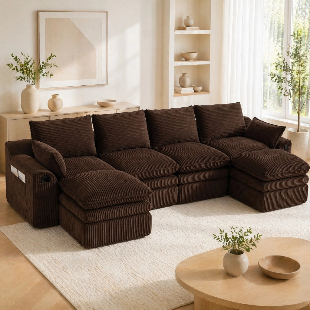 Divano modulare 4 posti in corduroy marrone; 335x167x85 cm; con 2 pouf e tasche laterali