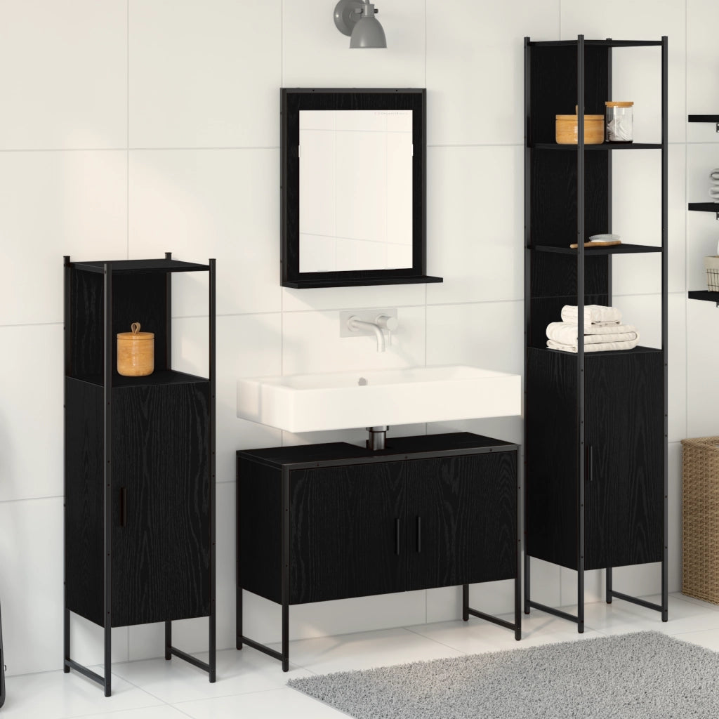 Set di Mobili da Bagno 4 Pezzi Rovere Nero Legno Ingegnerizzato