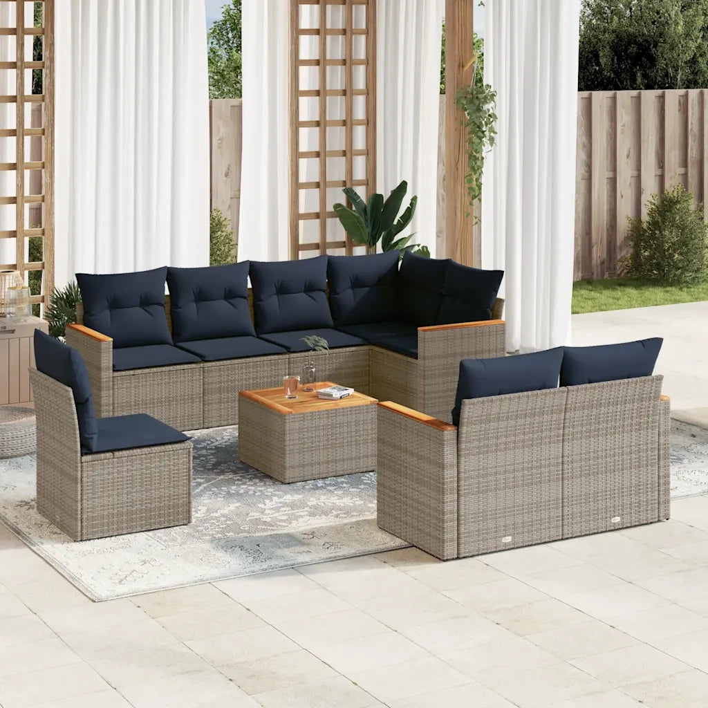 Set Divani da Giardino 9 pz con Cuscini Grigio in Polyrattan 3226173