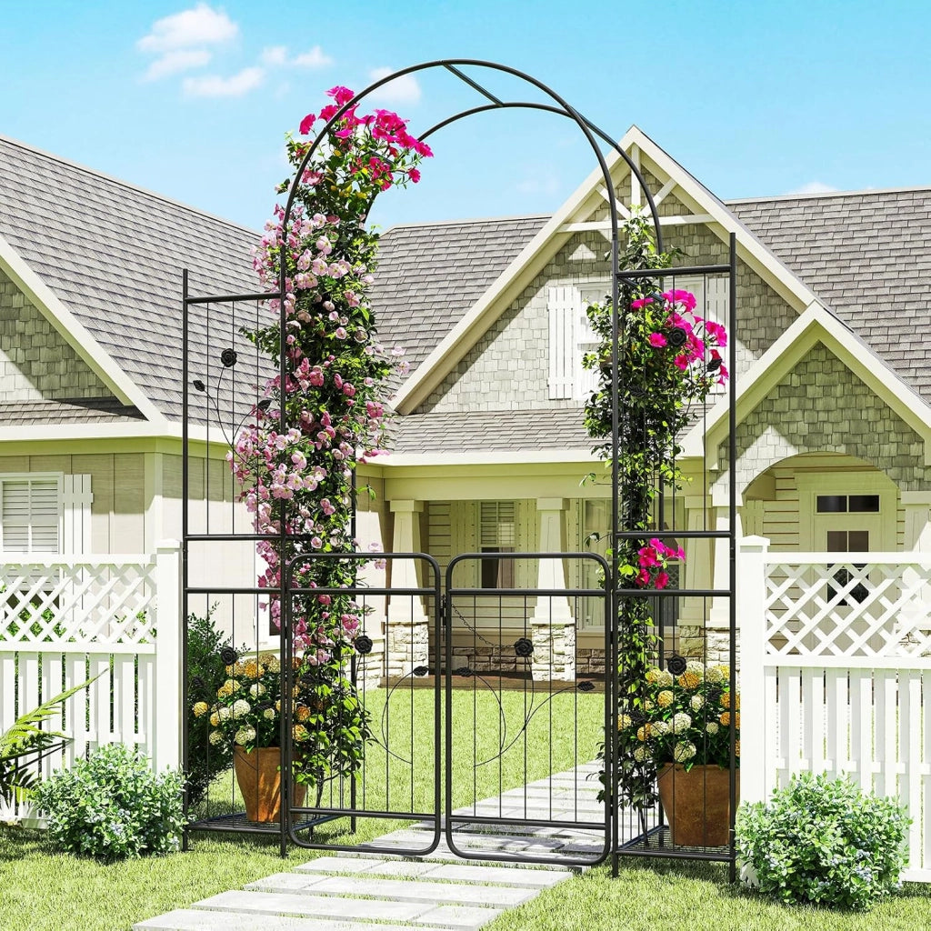 Arco da Giardino 220 cm, Pergolato con Cancello, Ripiani per Piante, Graticci per Rampicanti, Arco in Metallo per Piante Rampicanti da Esterno, Decorazione per Matrimoni e Cerimonie