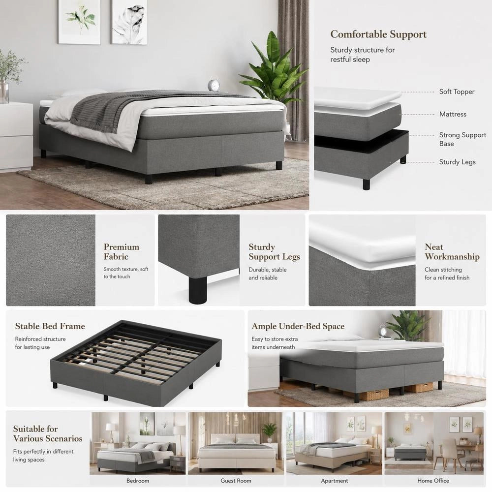 Box Spring Bed Frame, Dark Grey, 140x190 Cm, Fabric