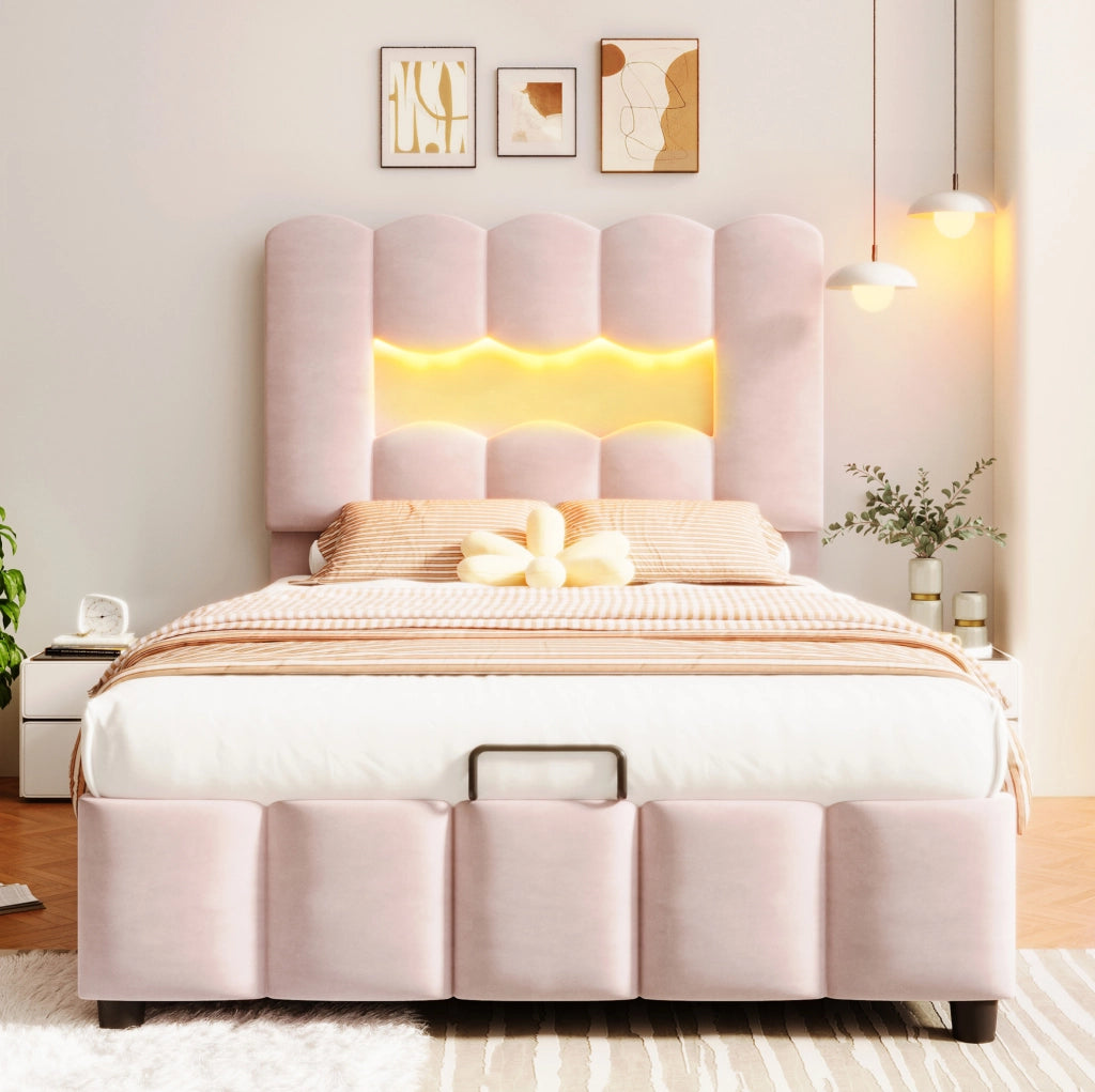 Letto imbottito ULEVR 90x200 cm con contenitore idraulico, LED multicolore e testiera regolabile, velluto rosa