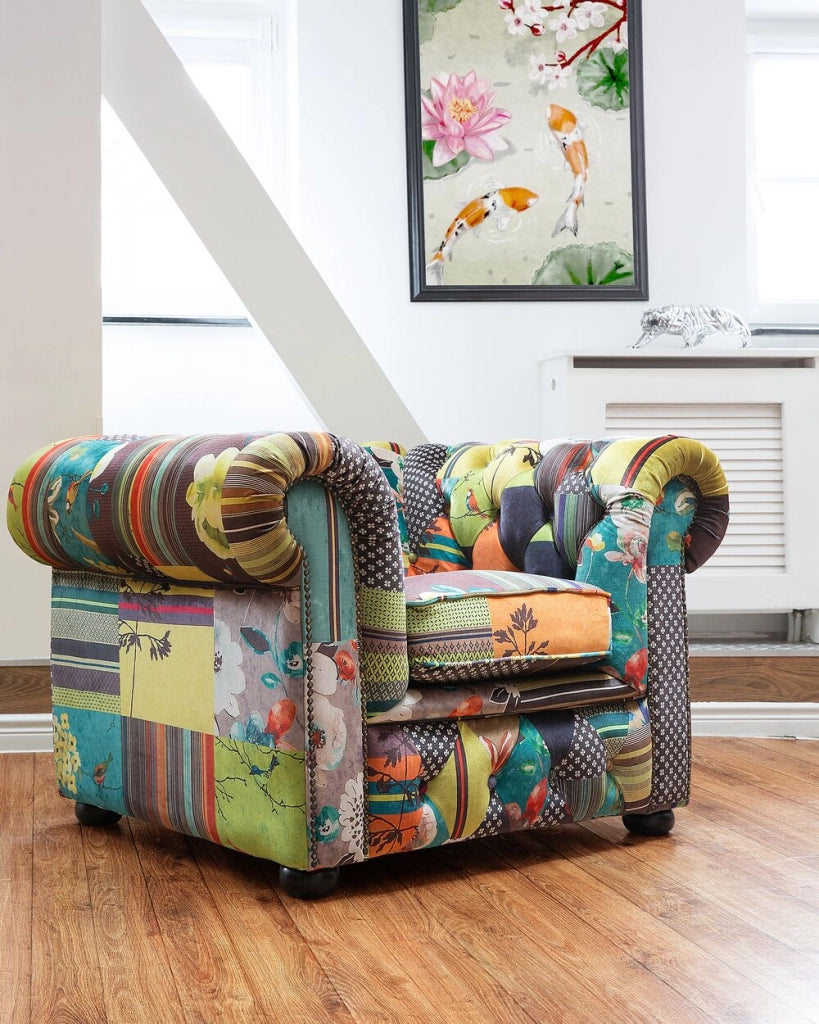 Poltrona Tessuto Multicolore Braccioli a voluta con inserti Giallo Patchwork Eclettico