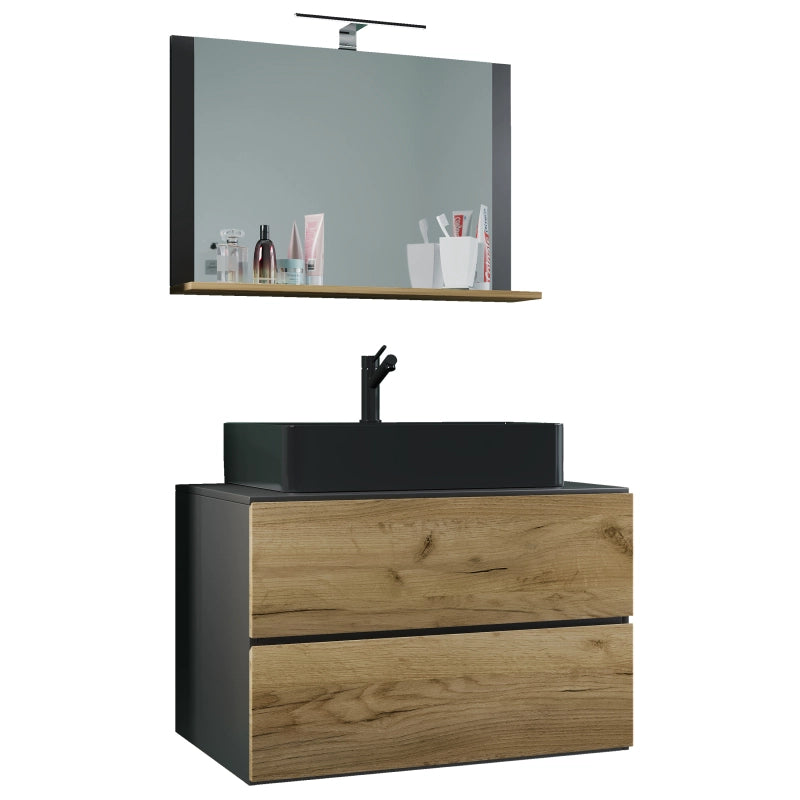 Luce Mobile Sospeso con 2 cassetti XL con lavabo nero nero in ceramica di alta qualità e specchio, Antracite/Rovere