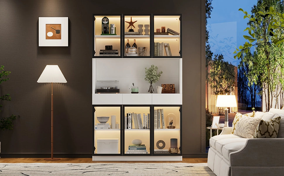 Vetrina con LED e 3 cassetti con ripiani regolabili e piano aperto per soggiorno cucina bianco 120 × 30 × 200 cm