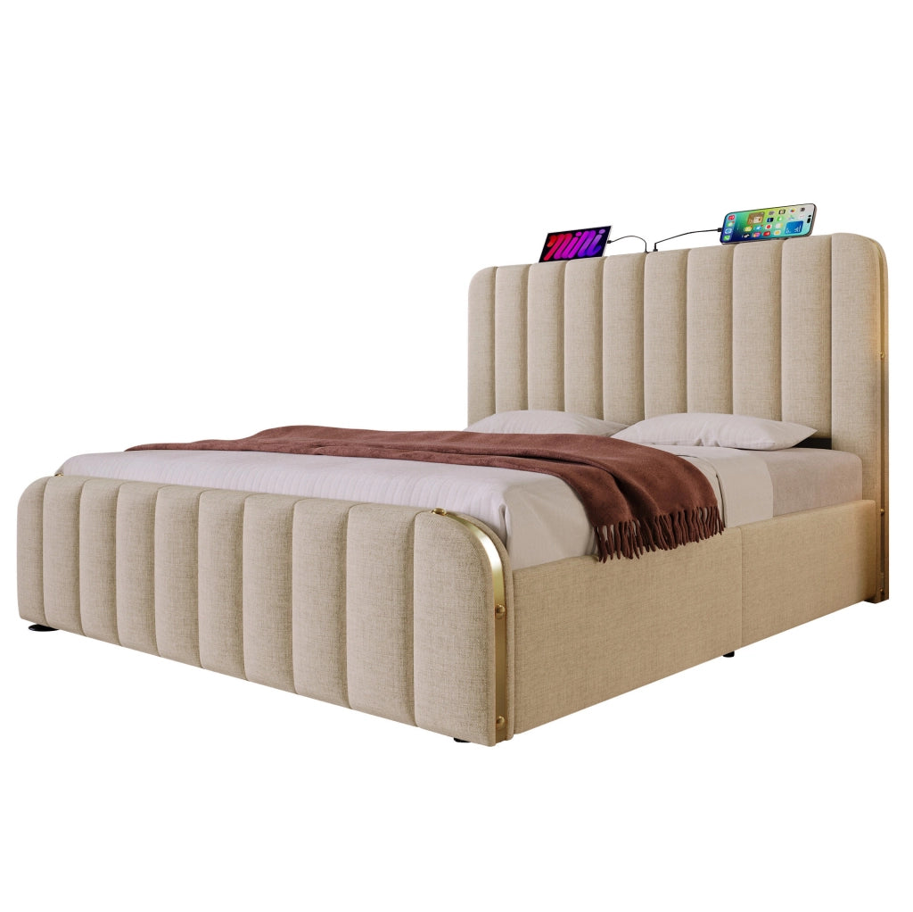 Letto imbottito 140x200 cm con 4 cassetti, USB e USB-C, in lino beige