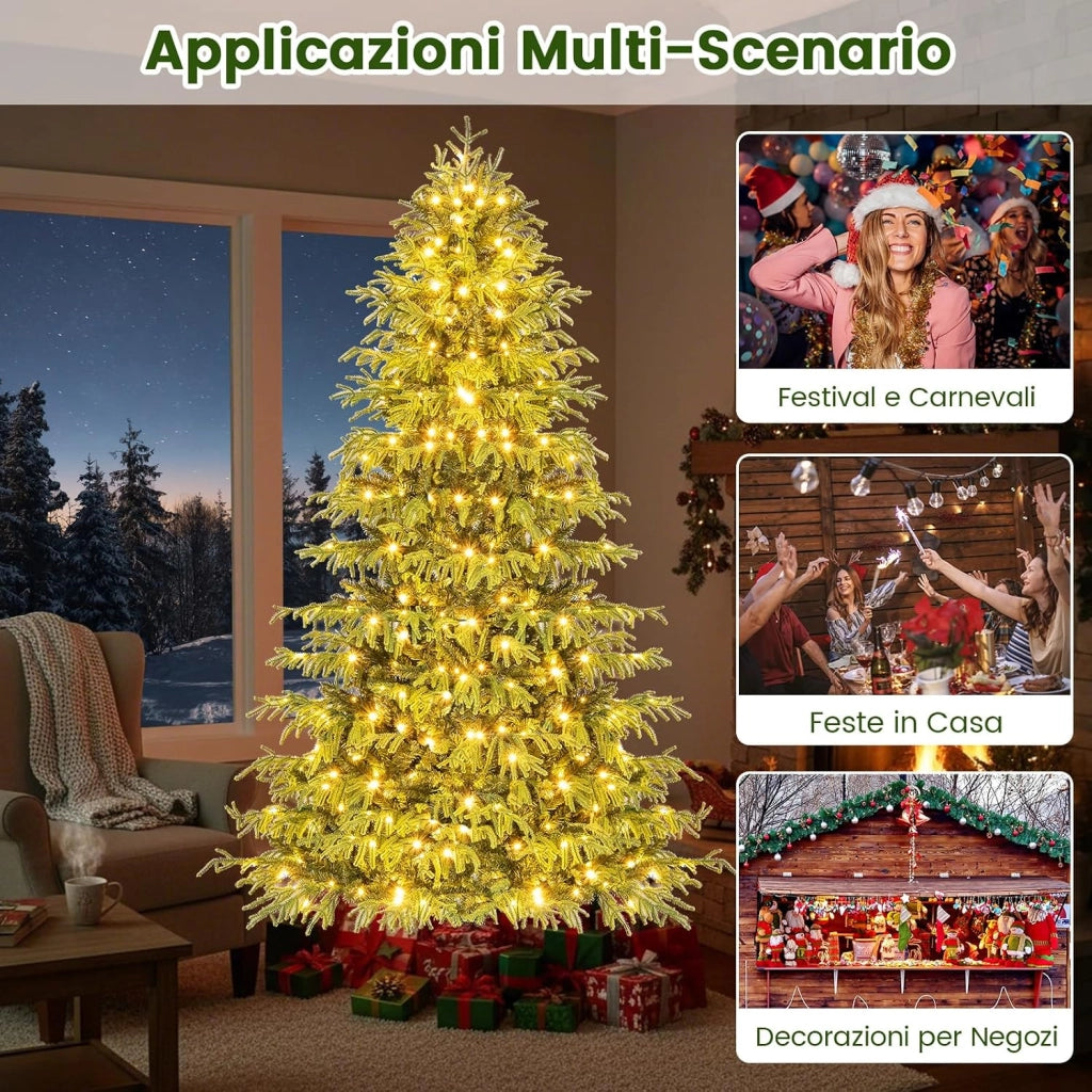 Albero di Natale 210 cm, Albero di Natale Pre-illuminato con 370 Luci LED Bianco Caldo, 1090 Punte di Rami & Base in Metallo Pieghevole, Decorazione Natalizia (210 cm)