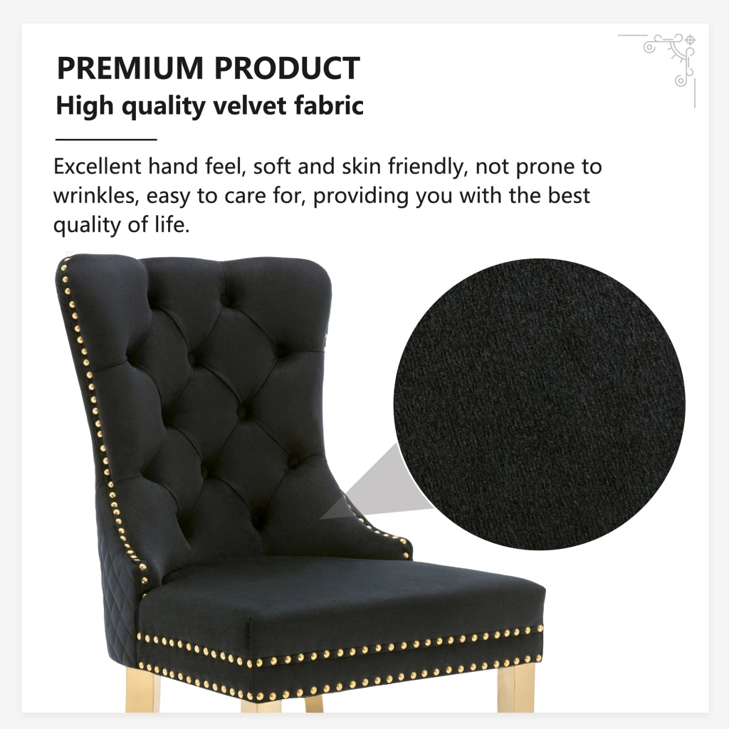 OKWISH Set di 4 Sedie da Pranzo con Anello Sullo Schienale, Borchie Decorative e Piedini Regolabili, Velluto Nero