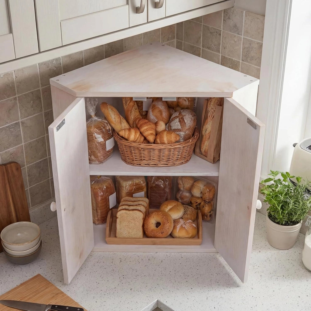 Scatola Porta Pane Angolare, Organizzatore per Pane a Doppio Strato in Bamboo con Ripiano Regolabile, Contenitore Porta Pane Capiente per Bancone Cucina, 31x31x41 cm