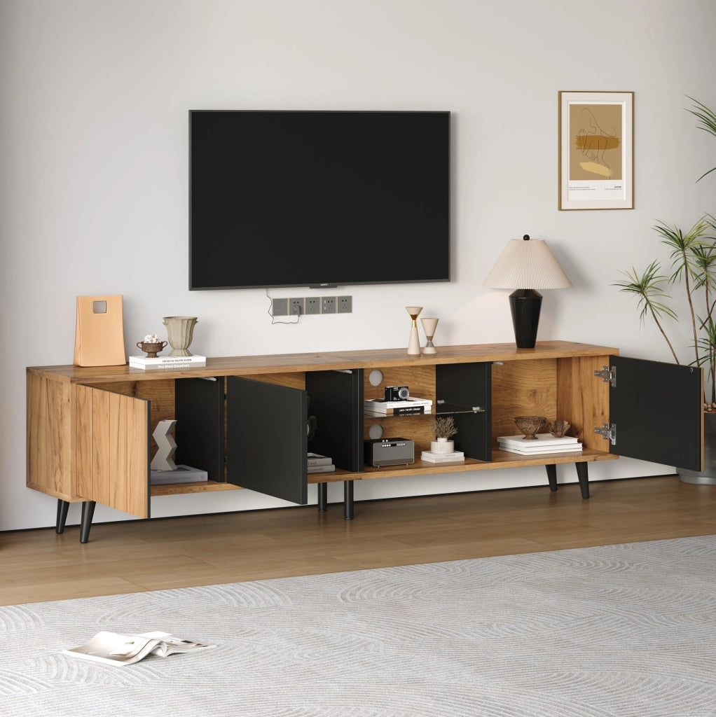 Mobile TV 175x31.5x45 cm con 3 ante e ripiano centrale in vetro temperato; truciolare naturale e nero