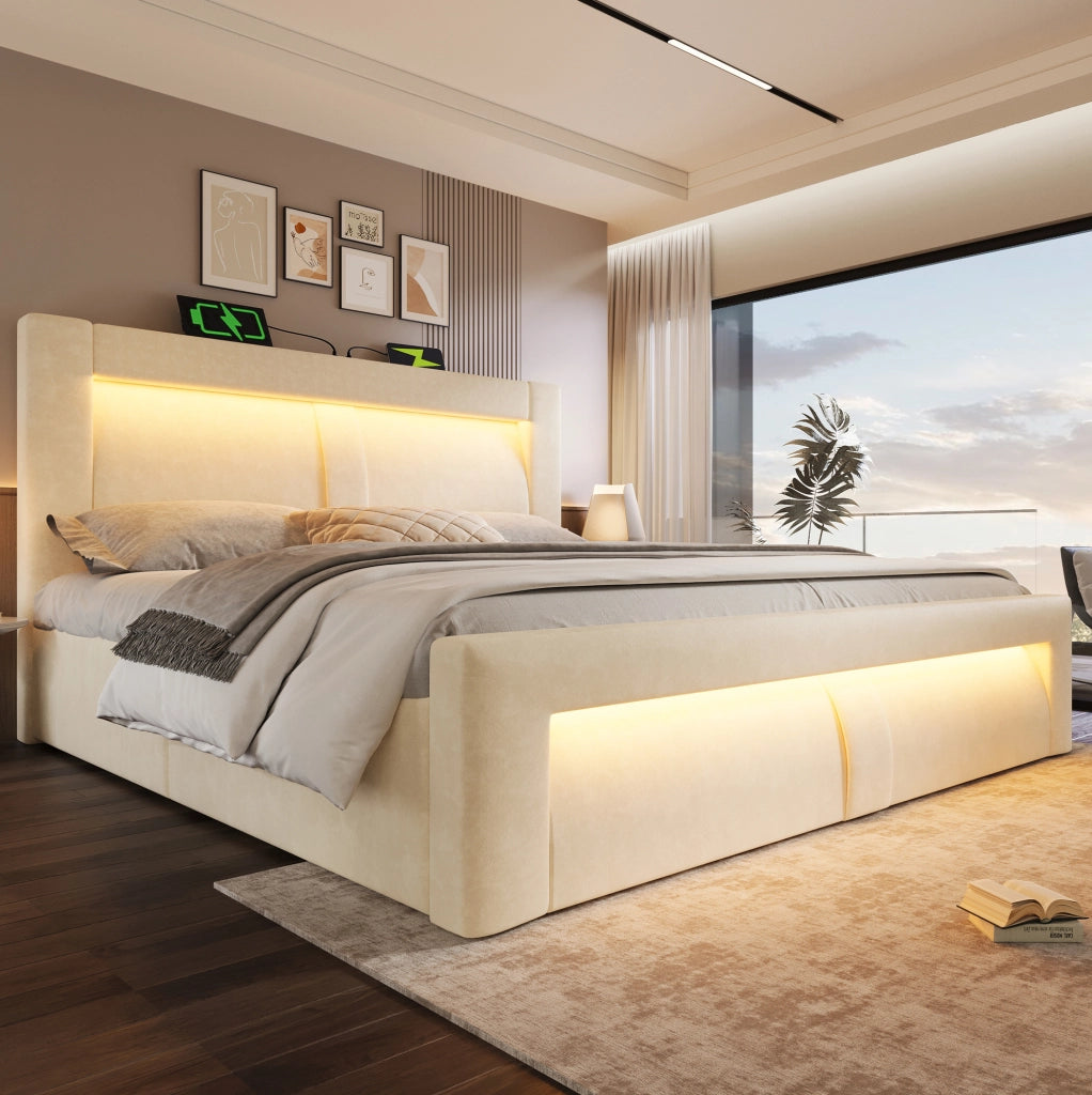 Letto matrimoniale 180x200 cm con contenitore; LED e porte USB Tipo C; velluto beige