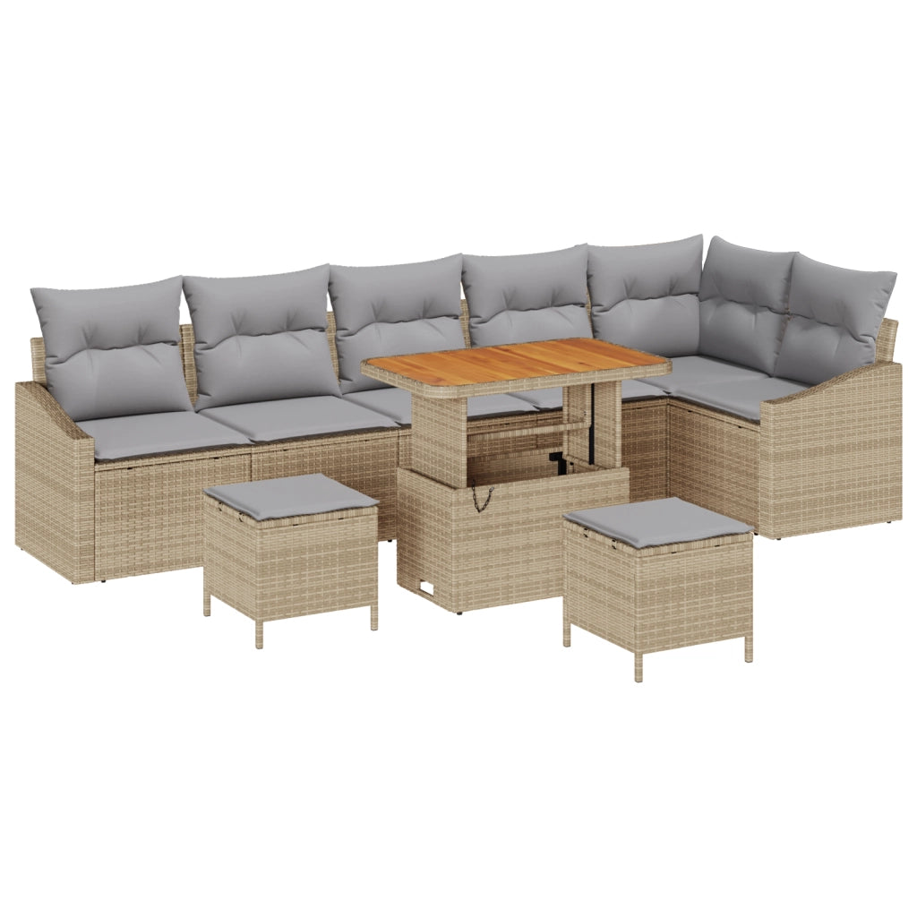 Set Divano da Giardino in 9 Pezzi con Cuscini Beige Polyrattan Acacia