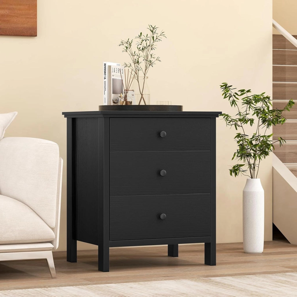 Comodino nero, credenza piccola con 3 cassetti, cassettiera indipendente, cassettiera moderna in legno, 56 x 45 x 66 cm