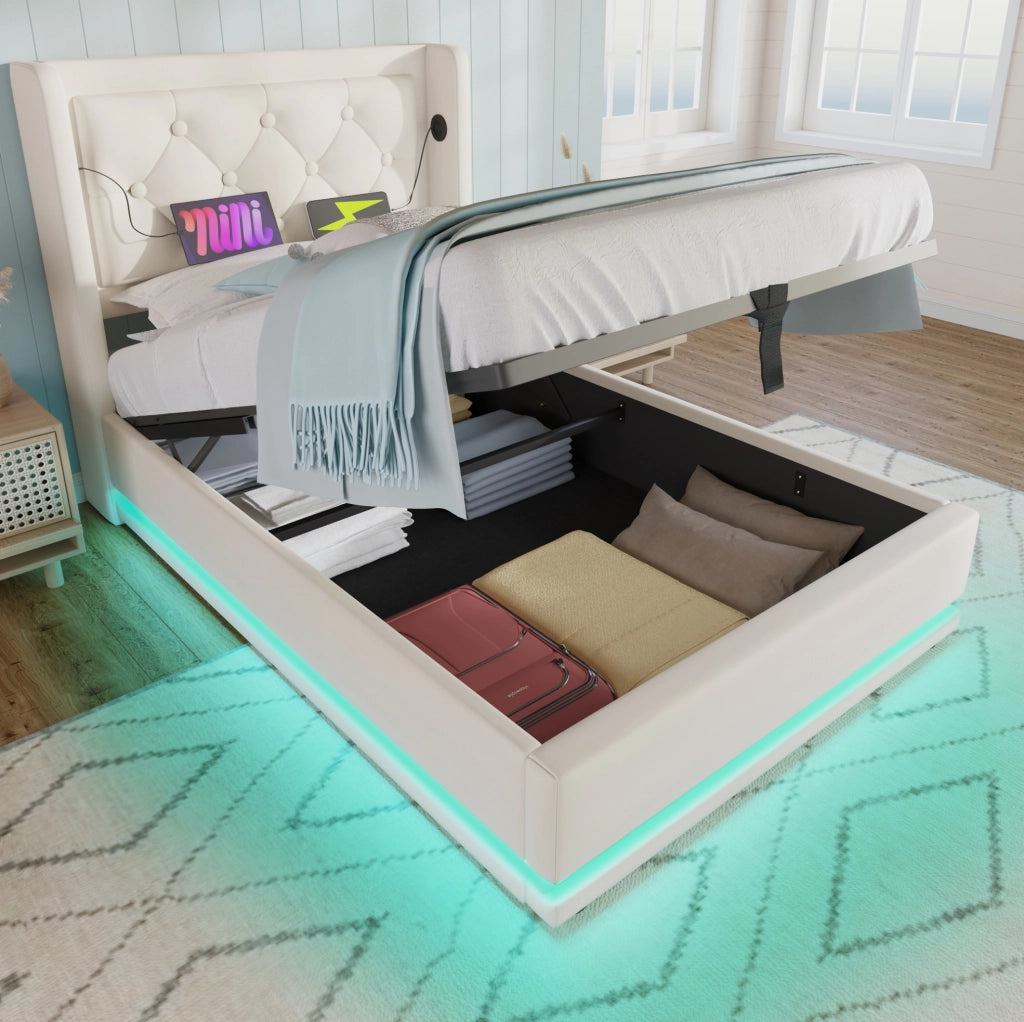 Letto singolo imbottito 90x200 cm in PU bianco con contenitore; USB; Type-C e LED