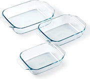 Set di 3 piatti rettangolari per forno - Ideale per 2 a 6 persone - 3 misure - Vetro borosilicato - Maniglie grandi - Estremamente resistente - Resistente alla lavastoviglie - Made in France