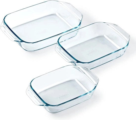 Set di 3 piatti rettangolari per forno - Ideale per 2 a 6 persone - 3 misure - Vetro borosilicato - Maniglie grandi - Estremamente resistente - Resistente alla lavastoviglie - Made in France