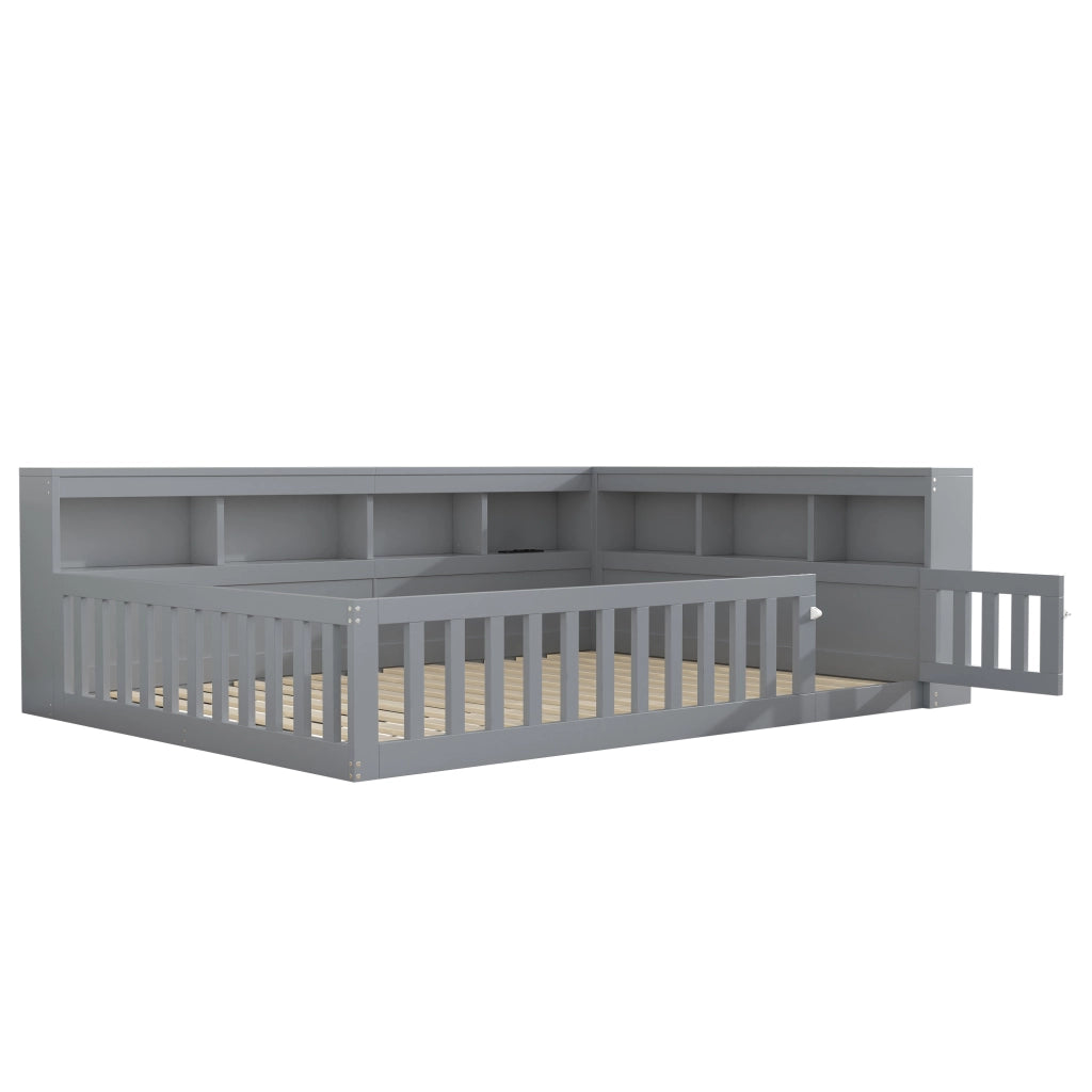 OKWISH Letto Divano 140×190 cm, Letto Matrimoniale con Presa, USB, Vano Portaoggetti e Sponda Estraibile, senza Materasso, Grigio