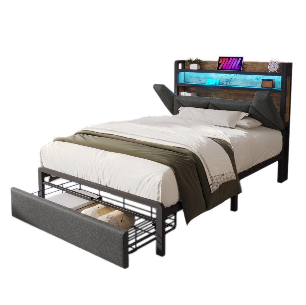 Letto singolo 90x200 cm con materasso; LED; USB e USB-C; testiera contenitore e cassetto; grigio