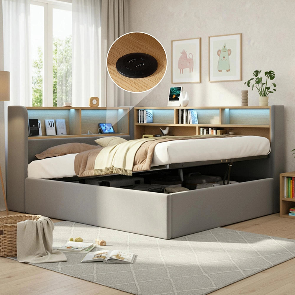 Divano letto con contenitore idraulico - Xylo - 140x200 cm - Grigio - LED, USB, velluto