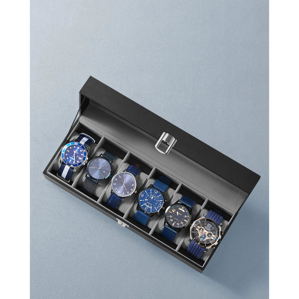 Scatola porta orologi a 6 posti in ecopelle nera