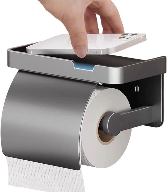 Sostegno per Carta igienica - Dispensatore per Carta igienica - Organizzazione Bagno - Con Pannello e Cassetto - 17,5 cm - Grigio