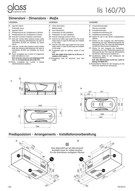 Vasca rettangolare senza idromassaggio con pannello - Glass 1989 - Misura: 70 x 160 x 40 cm
