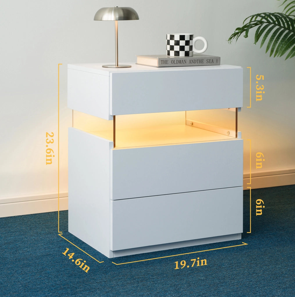 Comodino LED RGB bianco con 3 cassetti e pannello acrilico in legno ingegnerizzato