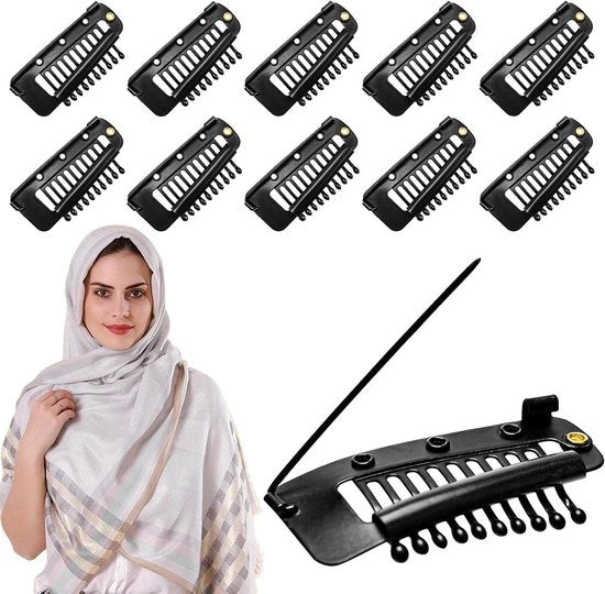 10 pezzi di clip chunni robuste con spillo di sicurezza - clip per dupatta - clip per parrucca - clip U a forma di metallo - spille per hijab - nero.