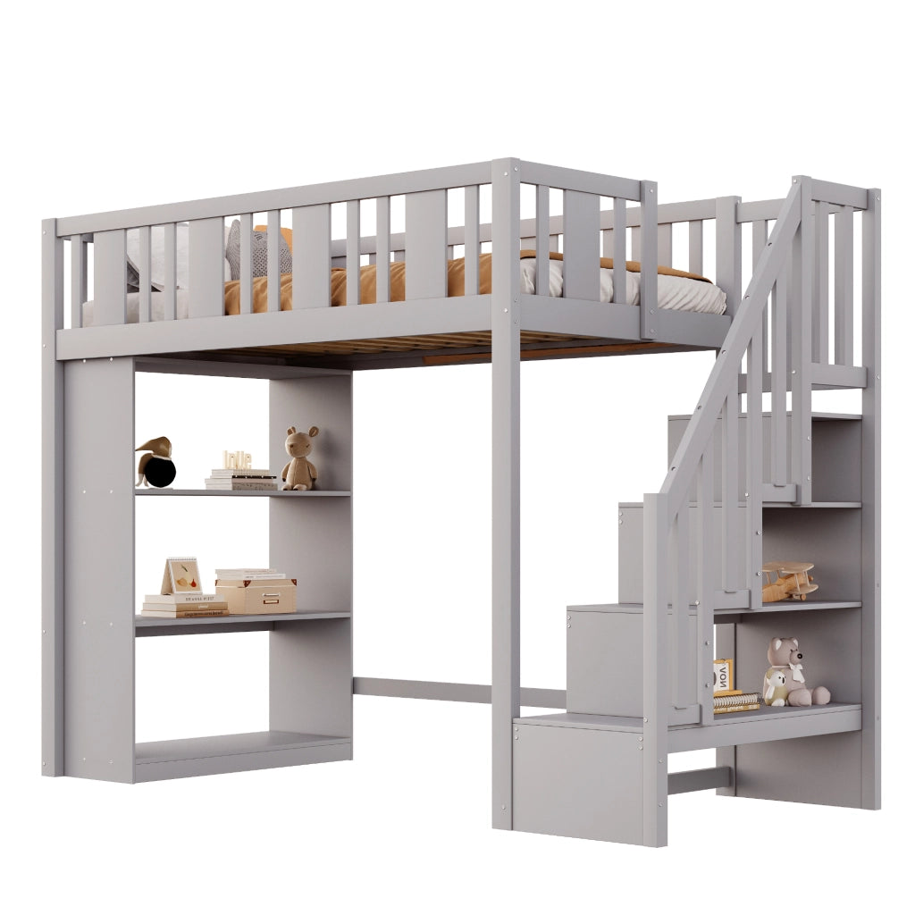 OKWISH Letto a Soppalco 90×200 cm, Letto Singolo con Scala Contenitore, 3 Scomparti e Sponda di Sicurezza, senza Materasso, Legno, Grigio