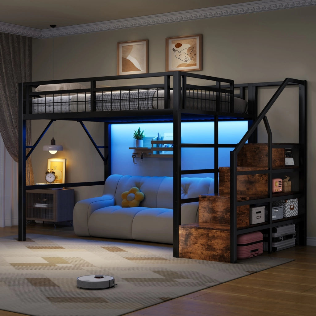 Letto a soppalco 140x200 cm in metallo e MDF con LED e scale contenitore; nero