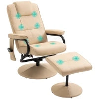 Poltrona Relax con Pouf Poggiapiedi Reclinabile a 145° con 10 Punti Massaggio e Telecomando in Finta Pelle, Crema