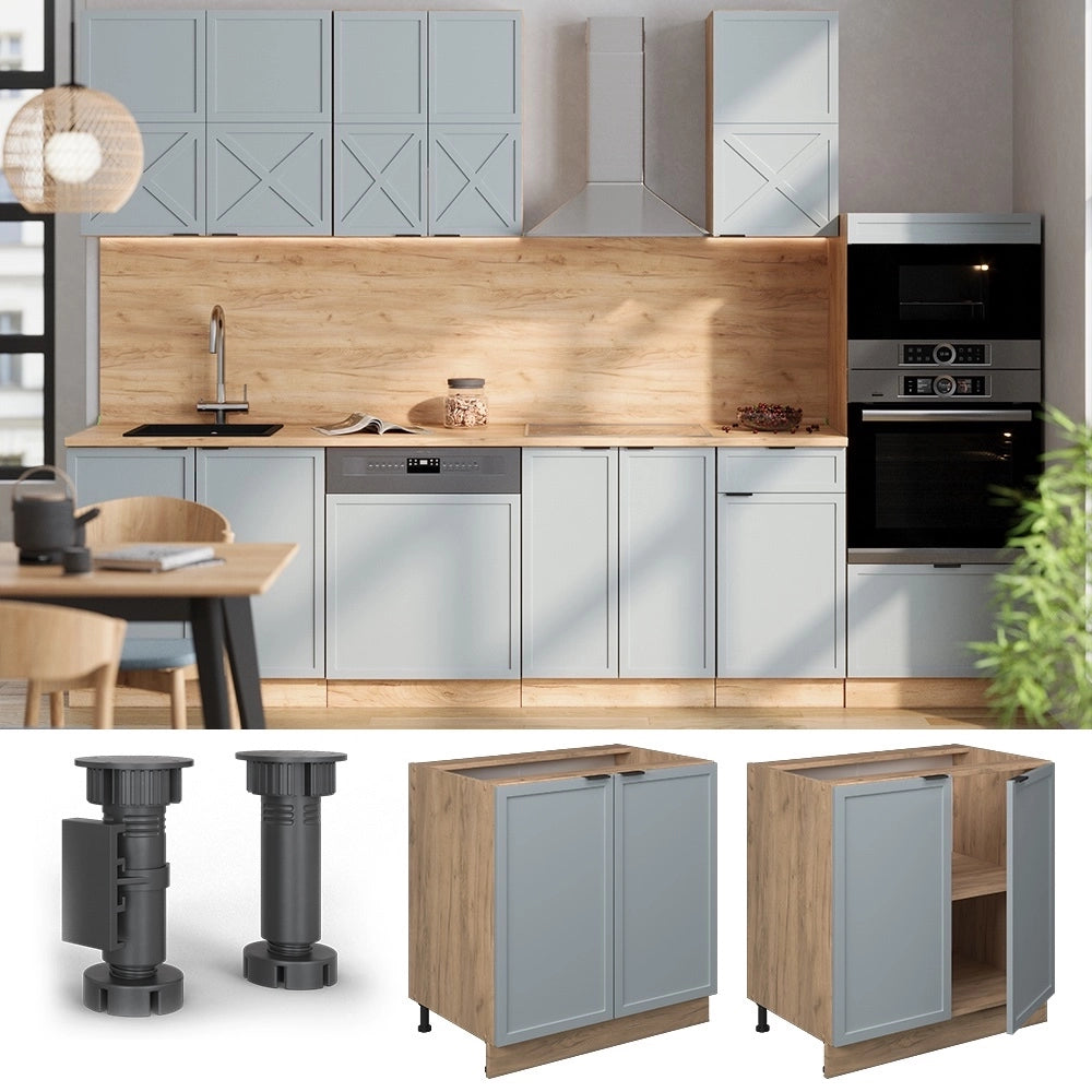 Mobiletto base cucina Fame-Line Blu-grigio chiaro/Rovere dorato 80 cm con ripiano, PL Rovere Vicco