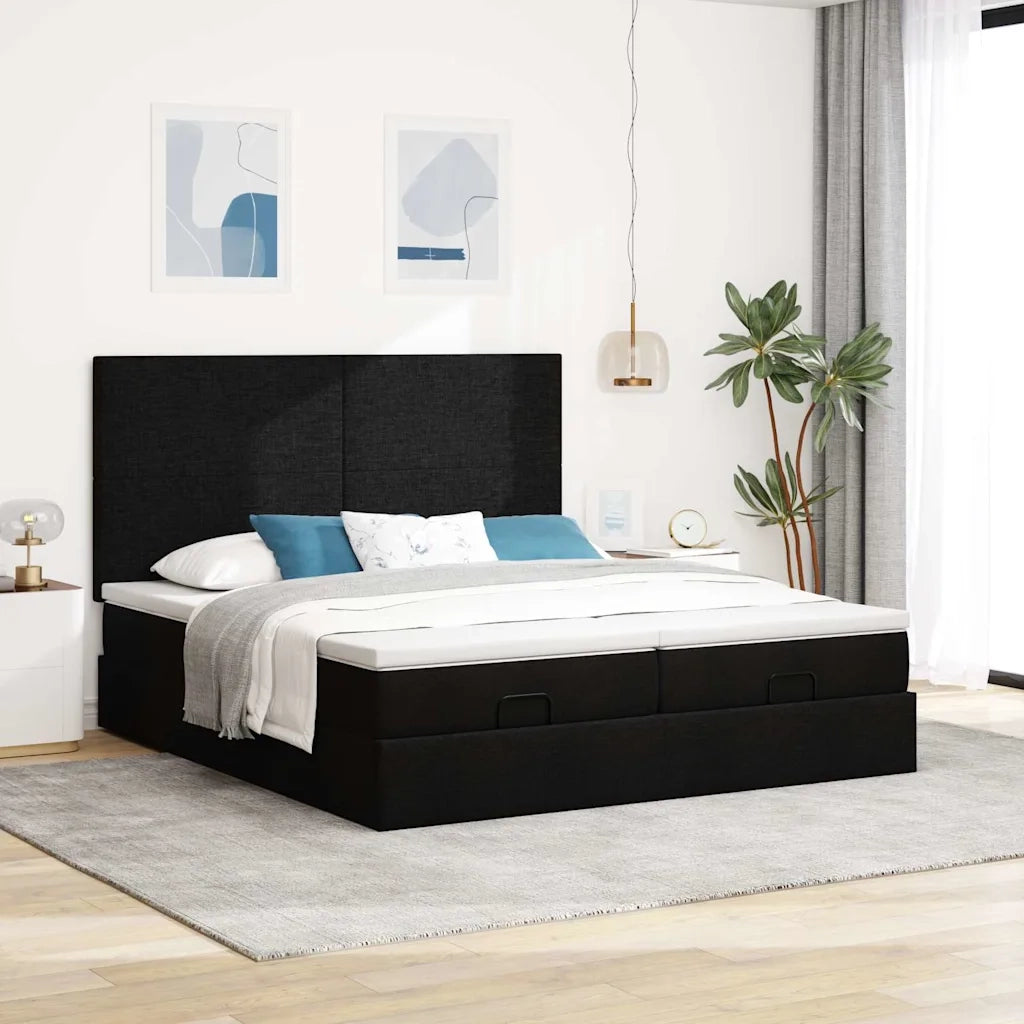 Struttura Letto Pouf con Materassi Nero 200x200 cm in Tessuto 3314529