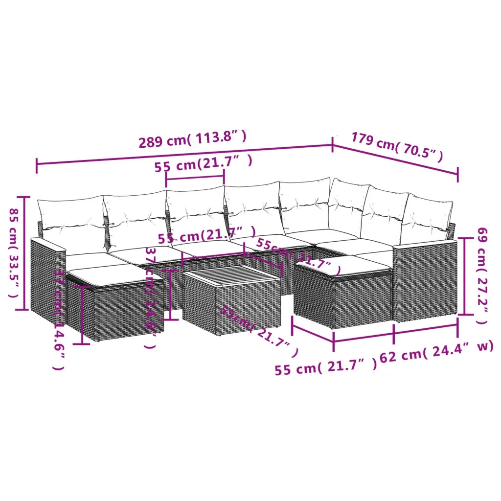 Set Divani da Giardino 10pz con Cuscini in Polyrattan Nero 3226545