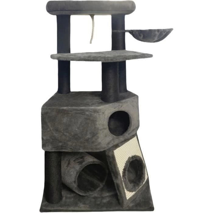 GUILY Tiragraffi grigio scuro - 50 x 50 x 141 cm - Grigio scuro - 2 piattaforme, 1 trespolo, 1 capanna, 1 rampa, 1 tunnel