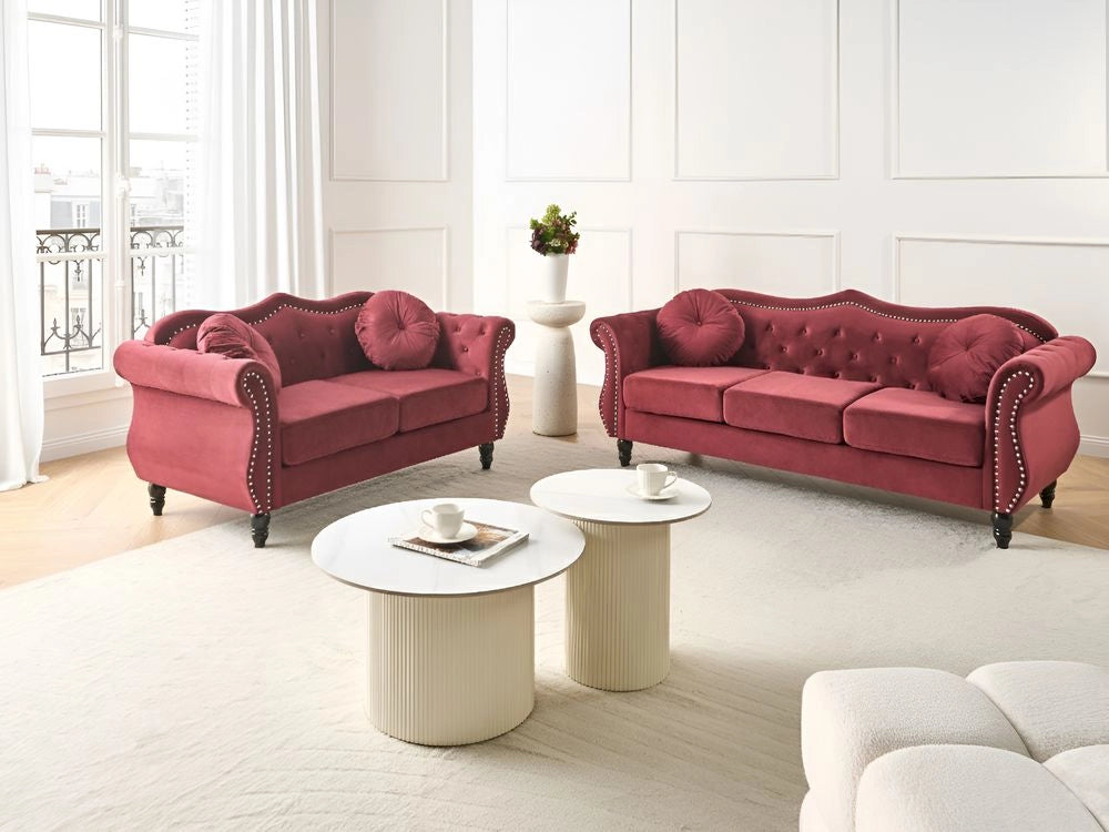 Set soggiorno Velluto rosso 2 posti 3 posti Bottoni con rifiniture a punta trapuntata Cuscini Braccia arrotolate Glam