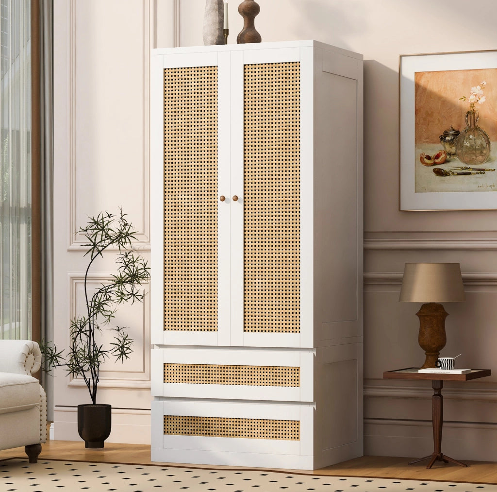 Armadio 70x55x170 cm bianco in legno e MDF, 2 ante e 2 cassetti