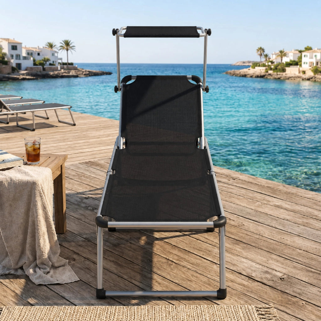 Lettino Sdraio Pieghevole Prendisole Con Parasole Schienale Regolabile In 6 Posizioni Telaio In Alluminio Per Piscina Spiaggia Mare Campeggio Giardino 187 x 59 x 29 Cm (Nero)