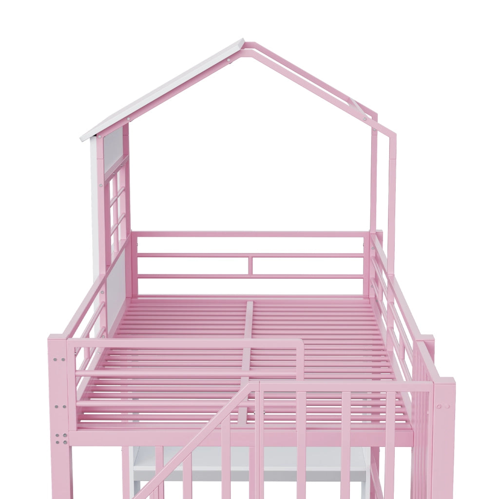 Letto a soppalco 90x200 cm con scala contenitore e scaffale; rosa